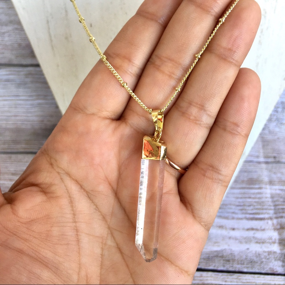 Clear Quartz Crystal Wand Necklace Charm 14K Gold